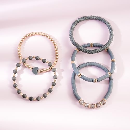 RISHEGAE Heishi Beaded Stretch Bracelets for Women Stackable Polymer Clay Beads Bracelets Friendship Boho Summer Beach Bracelet Jewelry Set - color: E-Gray Set