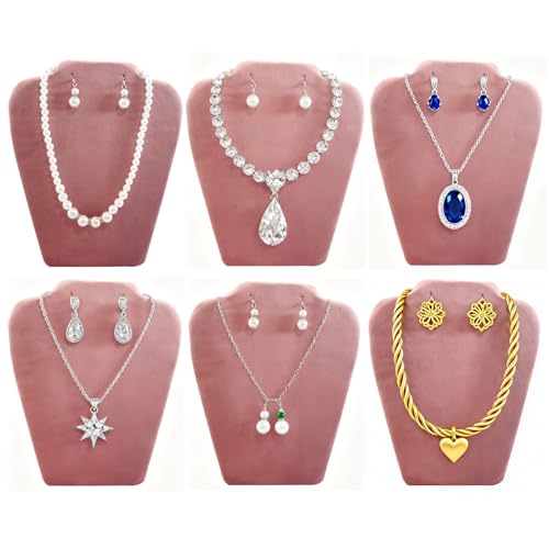 6Pcs/Set Necklace&Earring Display stand Velvet Jewelry Set Easel Display Rack Jewelry Display Stand for Vendors Jewelry Bust (Pink, M) - size: M