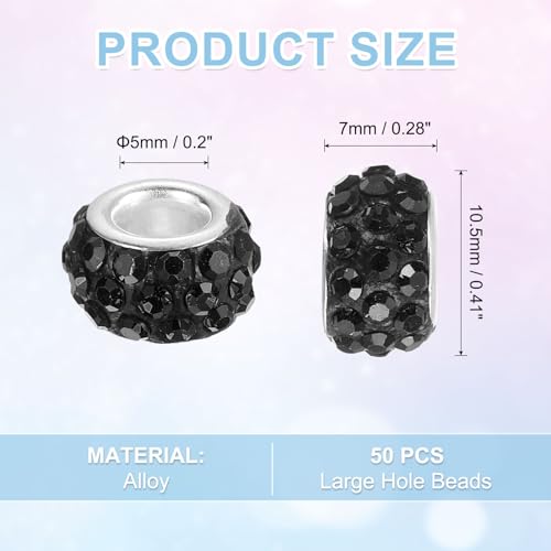 uxcell 50Pcs European Large Hole Beads, Rhinestone Craft Bead Crystal Charm Spacer Beads for Pens Bracelet Making Necklace DIY Craft, Black - color: Black