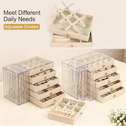 Greenfeather Jewelry Organizer with 7 Removable Drawers, Clear Acrylic Jewelry Box with 16 Necklace Hooks 48 Pairs of Earring Holes 5 Velvet-Lined Drawers for Rings Bracelets Necklaces - color: Off-White-Style B