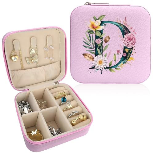 Monogram Jewelry Box Portable Print Jewelry Box, 1pcs Pink Compact Jewelry Box Travel Jewelry Case Travel Case Organizer Bag Storage Box Jewelry Holder For Necklace Earrings Rings Bracelet (Letter D) - color: Letter D