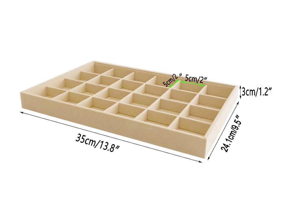 Premium Grade Velvet Sturdy Jewelry 24 Grids Display Tray Stackable Rings Necklace Gemstone Shows Store Home Organizer Soft Beige - color: 24 Grid