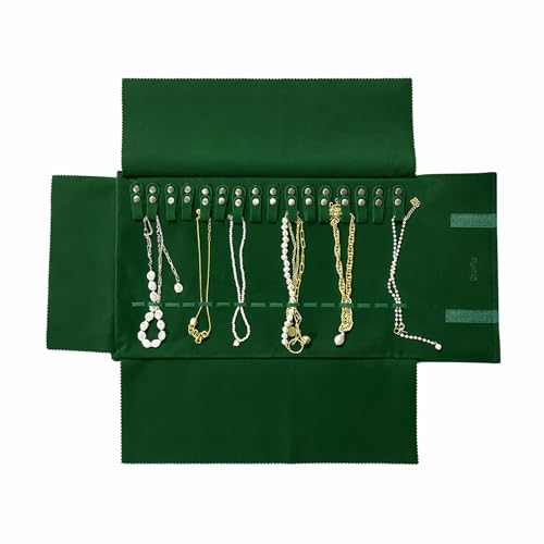 UnionPlus Velvet Travel Jewelry Roll Bag Organizer for Necklace, Elastic Band and Anti-winding, Blackish Green - color: Blackish Green, size: Medium