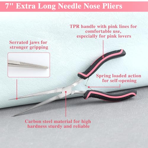 Extra Long Needle Nose Pliers For Jewelry Making 7 Inches Small Needle Nose Plier with Teeth for Fishing, Precision Jewelry Making Supplies for Small Object Gripping, Pink Tool for Women - style: Extra Long Needle Nose Pliers Serrated Jaws
