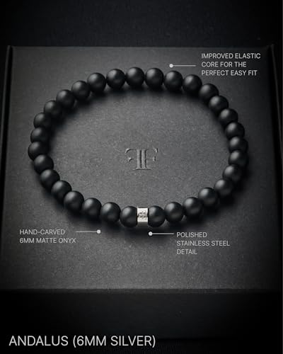 Forge & Foundry Men’s Matte Black Solid Onyx Beaded Bracelet | 10mm, 8mm, 6mm Bead Size Options | Signature Stainless Steel Engraved Bead | Andalus - color: 6mm Silver, size: Small
