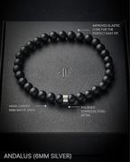 Forge & Foundry Men’s Matte Black Solid Onyx Beaded Bracelet | 10mm, 8mm, 6mm Bead Size Options | Signature Stainless Steel Engraved Bead | Andalus - color: 6mm Silver, size: Small