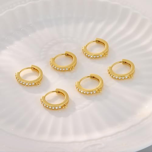 6Pcs Gold Zirconia Hoops for Earrings, Hypoallergenic 14K Goldplated Earring Hooks Round Huggie Zirconia Hoop with Loop Leverback Dangle Earring Making Gold Jewelry Findings Supplies Replacement Set - color: 6PCS_GoldB