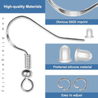 925 Sterling Silver Earring Hooks, 600PCS Earring Making kit 200PCS/100Pairs Hypoallergenic Ear Wires with 200PCS Silver Open Jump Rings and 200PCS Rubber Backs Earring Backs for Jewelry Making - size: 600pcs-Silver