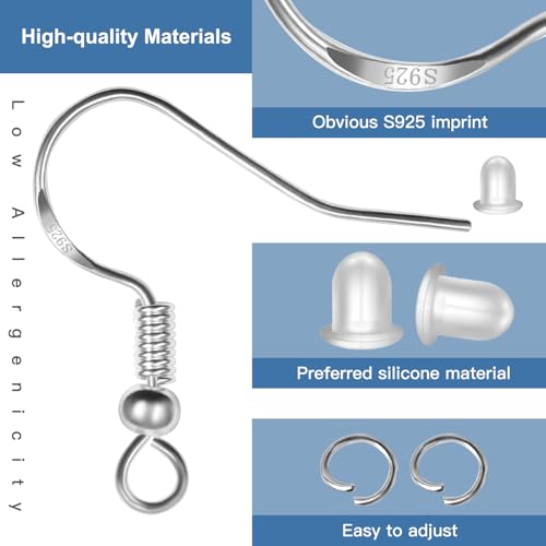 925 Sterling Silver Earring Hooks, 600PCS Earring Making kit 200PCS/100Pairs Hypoallergenic Ear Wires with 200PCS Silver Open Jump Rings and 200PCS Rubber Backs Earring Backs for Jewelry Making - size: 600pcs-Silver
