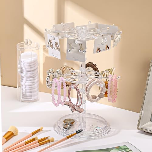 2 Pack Keychain Display Stand Rotating Jewelry 2 Tier Necklace Holder Plastic Spinning Bracelet Hanging Organizer Rotating Rack Earring Bracelet Stands for Vendors Malls Counter Dressing Table - color: Clear