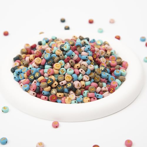 1000pcs 4x7mm Round Letter Beads Colorful Acrylic with Gold Letter Alphabet for Jewelry Making Friendship Bracelets (Gold) - color: gold