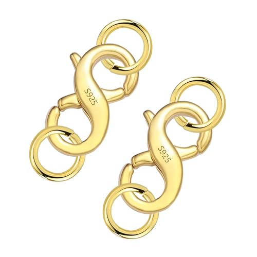 Double Opening Lobster Clasps Closure, 2 Pcs Necklace Bracelet Extender Clasp S925 Sterling Silver Neckalces with Jump Ring Connectors for Bracelet Anklet DIY Jewelry Finding Supplies (Gold) - color: Gold with rings, size: 5.7*11.7mm