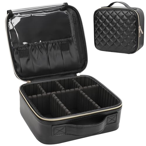 Relavel Makeup Bag, Travel Cosmetic Train Case Organizer Portable Artist Storage Bag with Adjustable Dividers for Cosmetics Makeup Brushes Toiletry Jewelry Digital Accessories Quilted Leather Black - color: Quilted Leather, size: Small