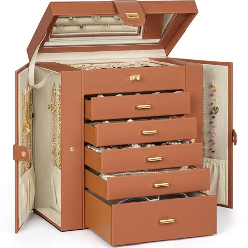 AKOZLIN 6-Tier Jewelry Box Organizer Functional 5 Drawers Leather Jewelry Storage Case for Women Girls Ring Necklace Earring Bracelet Holder Organizer with Mirror Dark Orange - color: Orange, size: Medium