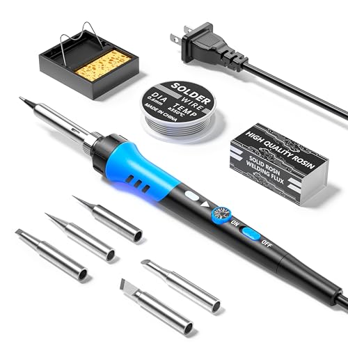 Soldering Iron Kit, 60W gun with Ceramic Heater, 9-in-1 solder kit tool, Adjustable Temperature 200 to 450℃, Iron Tips, wire, Solder Stand for Welding and Repairing - color: Blue