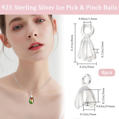 Beebeecraft 1 Box 8Pcs Ice Pick Pinch Bails Sterling Silver Charms Clasps Dangle Pendant Connector for DIY Earring Necklace Jewellery Making - color: Silver#6