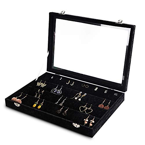 Frebeauty Earring Organizer Tray with Clear Lid 64 Slots Velvet Drawer Insert Earring Storage box with Transparent Glass lid Jewelry Display Case with lock Gifts for Women (Black, Earrings) - color: Black, size: 64 Slots
