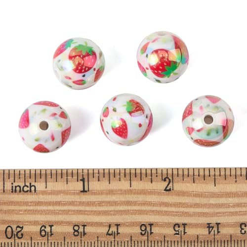 SUNNYCLUE 1 Box 30Pcs Acrylic Strawberry Beads 16mm Chunky Bubblegum Beads Bulk Fruit Printed Round Gum Ball Loose Spacers for Jewelry Making Necklaces Bracelets Earrings Beadable Pens Adults