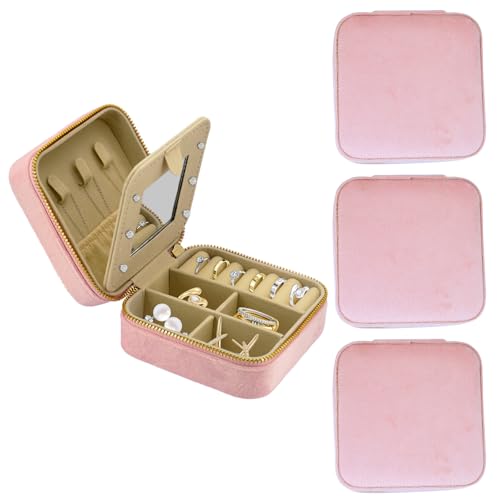 4PC Travel Jewelry Case for Women, 3.93" × 3.93" Portable Small Velvet Jewelry Organizer Travel with Mirror, Mini Jewelry Box for Earrings, Rings, Necklaces (Pink) - color: 4pc Pink