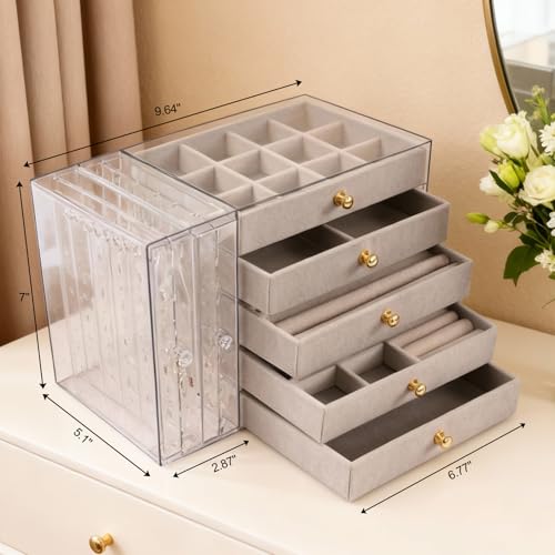 Greenfeather Jewelry Organizer with 7 Removable Drawers, Clear Acrylic Jewelry Box with 16 Necklace Hooks 48 Pairs of Earring Holes 5 Velvet-Lined Drawers for Rings Bracelets Necklaces - color: Gray-Style B