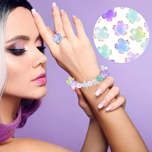 100pcs Cherry Blossom Beads, 5-Petal Gradient Acrylic Flower Beads, Mini Spacer Hair Accessories Halloween Christmas for Bracelets Earring Jewelry Making- Purple1 & Green - color: Purple1 & Green