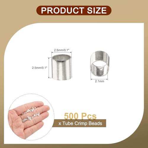 uxcell 500 Pcs Tube Crimp Beads, 2.5x2.5mm Copper Crimp Beads End Stopper Beads Tiny Loose Spacer Beads for Earrings Necklaces Bracelets Pendant DIY Crafts, Silver - color: Silver, size: 2.1 mm