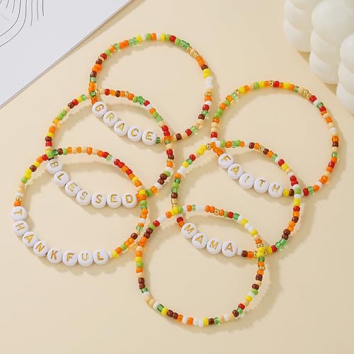 Thanksgiving Stackable Bracelet for Women Set Colorful Beads Rubber Ring Elastic Layering Letter Disc Maple Leaf Pendant Clay Stretch Fall Bracelets Fall Costume Bracelet Jewelry for Women - style: Style4