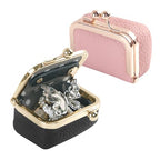 2 Pcs Genuine Leather Mini Jewelry Box, Portable Travel Jewelry Case Organizer for Women, Small Coin Purse with Kiss Lock for Earring Rings Necklace Bracelet Earphone Gift(Pink & Black)