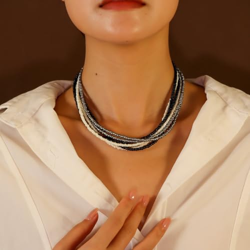 Multilayer Seed Beaded Necklaces for Women Bohemian Bead Choker Necklace Statement Layered Bead Necklaces Summer Jewelry Gift - color: Black