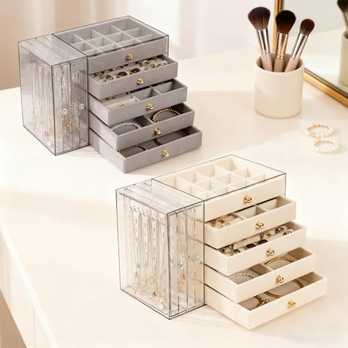 Greenfeather Jewelry Organizer with 7 Removable Drawers, Clear Acrylic Jewelry Box with 16 Necklace Hooks 48 Pairs of Earring Holes 5 Velvet-Lined Drawers for Rings Bracelets Necklaces - color: Gray-Style B