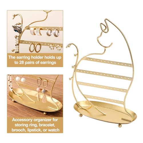 NIKKY HOME Cat Earring Holder Hanging Organizer Stand Metal Jewelry Tree Table Top Ear Stud Holder Tower Rack with Ring Tray and Hook for Girls (56 Holes), Gold