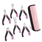 WORKPRO 6-Piece Mini Pliers Set, Needle Nose, Long Nose, Bent Nose, Diagonal, End Cutting and Linesman, for Crafts Work, Electronic Repair, with Pouch - Pink Ribbon - color: Pink