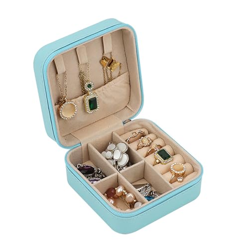 Portable Jewelry Organizer Box - Travel Storage Case for Earrings, Necklaces, Rings, Bracelets | Compact & Durable(Lake blue) - color: Lake blue