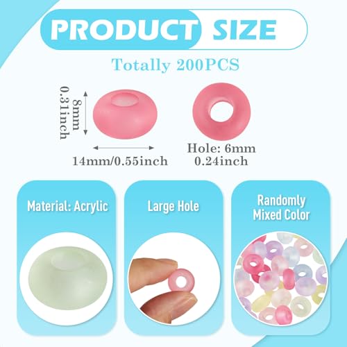 200Pcs Large Hole Acrylic Beads 16x8mm Frosted European Beads Rondelle Candy Color Pastel Pony Bead Kandi Bead Spacers for Crafts DIY Bracelets Jewelry Making Supplies - color: Random, Rondelle