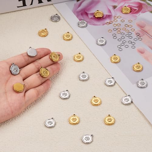 UMAOKANG 20pcs Stainless Steel Jewelry Making Charm Set Paw Charm Pendant for Women Necklace Bracelet DIY Bulk Charms - color: Paws Gold Silver