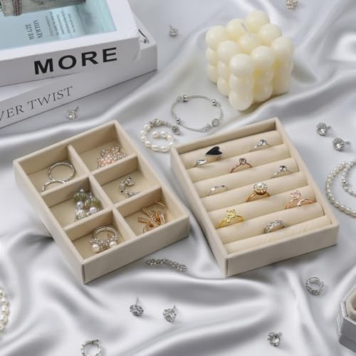 Velvet Jewelry Organizer Small Jewelry Tray Set Box Stackable Velvet Organizer Tray Drawer Inserts Ring Box Flat Stacking Trays Display Case for Earrings Rings Necklaces (Set 2,Beige)