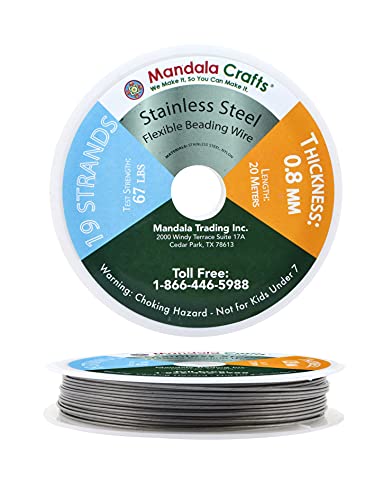 Mandala Crafts 19 Strand Beading Wire for Jewelry Making - 65 FT 20 Gauge Stainless Steel Braided Tiger Tail Wire for Bead Stringing - size: 19 Strands 20 Gauge 0.8MM 65FT