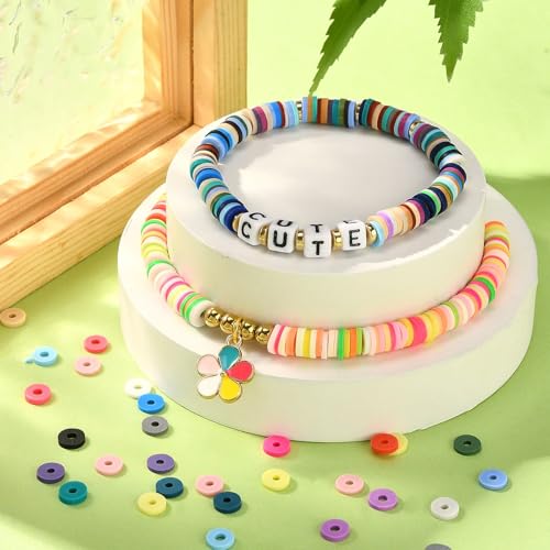 Echoed Elegance Clay Beads 2 Boxes Bracelet Making Kit, 7448 pcs Beads for Jewelry Making, Round Letter Beads with Charm and Elastic Strings, Friendship Bracelets Holiday Gifts for Girls Adults - color: Clay Beads Kit (2 Boxes with Accessories)-about 7448