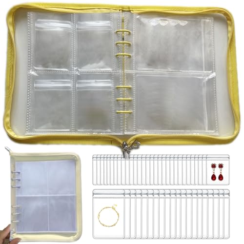 Transparent Jewelry Storage Book Travel Jewelry Organizer Transparent Jewelry Book Organizer for Necklace Bracelet Ring Holder Jewelry Organizer Book with Small Clear Pouch - Yellow - color: Yellow - 80pcs S Pouches, 40pcs L Pouches