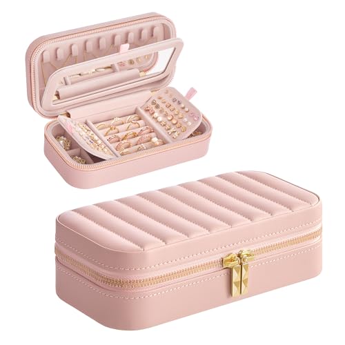 SONGMICS HOME Travel Jewelry Case, Travel Jewelry Box Organizer with Mirror, 4.1 x 8 x 2.4 Inches, Stitching, Portable, Gift Idea, Jelly Pink UJBC180S01 - color: Jelly Pink, size: 8"W