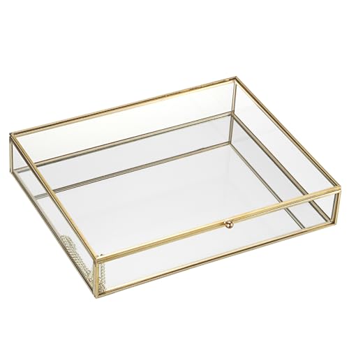 Hipiwe Golden Jewelry Storage Box Home Decorative Box with Mirror Base Glass Photo Organizer for Ring Earring Keepsake Makeup, 10.4 x 8.4 x 2 Inch - size: 10.4 x 8.4 x 2 Inch