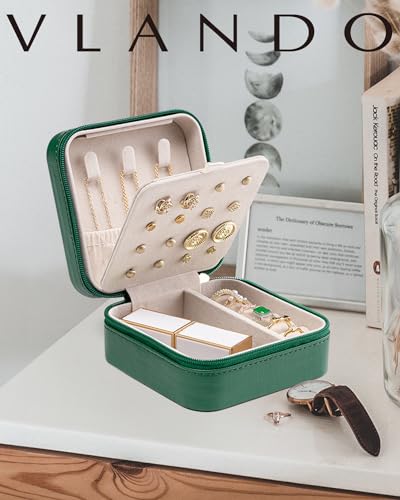 VLANDO Travel Jewelry Case, Small Travel Jewelry Organizer Box for Girls Women - Dark Green - color: Dark Green