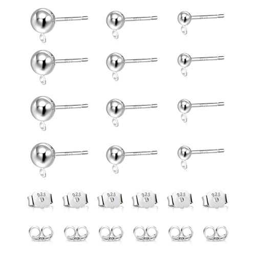 925 Sterling Silver Earrings Post, 12Pcs 3/4/5mm Ball Ear Studs with Loop Hypoallergenic Sterling Silver Findings Supplies Studs Posts for Dangle Earrings Butterfly Backs Replace Jewelry Making Set - color: Ball_Silver