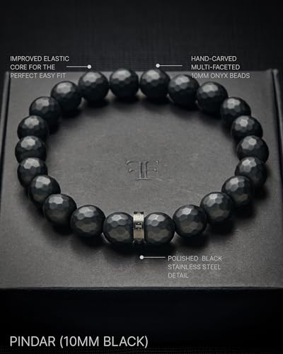 Forge & Foundry Faceted Matte Black Onyx Stone Beaded Bracelet | Custom Signature Stainless Steel Bead | ‘Pindar’ | 8mm and 10mm Bead Desgins | Refined Hand-Crafted Jewelry - color: 10mm Black, size: Medium