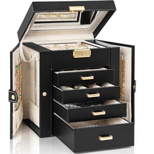 AKOZLIN 5-Tier Jewelry Box Leather Jewelry Storage Organizer with 4 Drawers Lockable for Women Girls Ring Necklace Earring Bracelet Watches Holder with Mirror Black - color: Black-gold, size: Regular-5 Layer