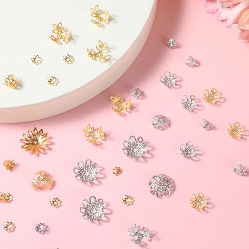 816Pcs Bead Caps, Antique Gold and Silver Metal Alloy Flower Spacer Bead End Caps, 7 Styles for DIY Jewelry Making Supplies