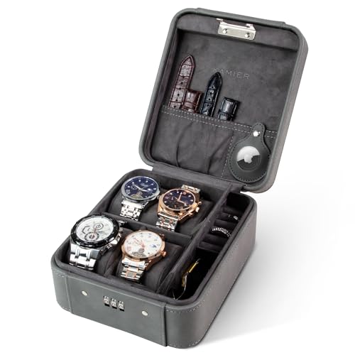 KAMIER Watch Case with Combination Lock - 4 Watch Storage and Jewelry Organizer - Watch Travel Case for Ring and Watch Storage, PU Leather Travel Watch Case, Ideal for Gift (With Gift Box), Grey - color: Grey