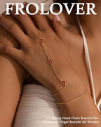 Gold Hand Chain Bracelets for Women Trendy Dainty Birthstone Clover Charm Ring Bracelet Hand Chain Set Non Tarnish 14K Gold Plated Stackable Finger Bracelets for Women Birthday Jewelry Gifts - color: 01. January(Garnet)