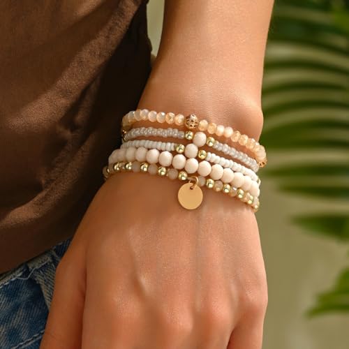 5Pcs Bohemian Multilayer Crystal Beads Stackable Bracelets Y2K Circle Disc Coin Pendant Colorful Beaded Elastic Stretch Bracelets for Women Boho Beach Vacation Holiday Jewelry Gift - color: Beige