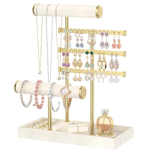 MODOWEY Necklace Holder Earring Stand Organizer, Wooden Velvet Bracelet Tree Rack with Ring Tray for Vendor Women Display Selling, Countertop T Bar Jewelry Tower Keep Everything Visible & Within Reach - color: Beige